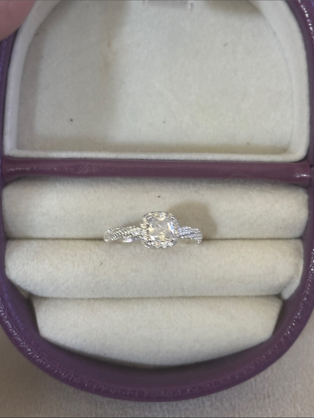 Silver Cushion-Cut Halo Engagement Ring Adjustable - White Size 7